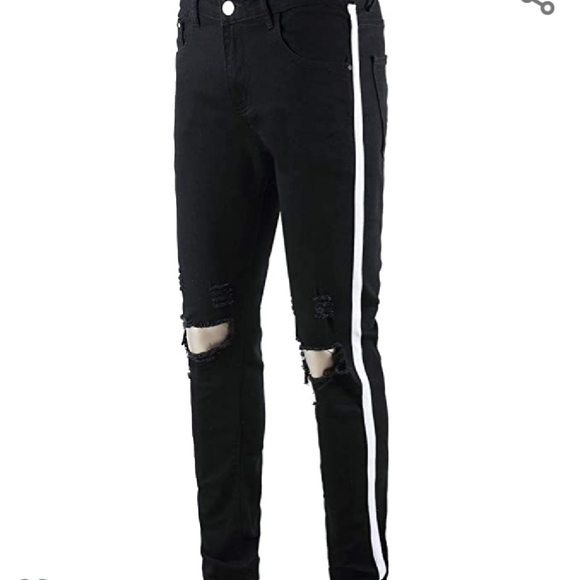 Mens Skinny Slim Black Jeans w White Stripe - Picture 7 of 9